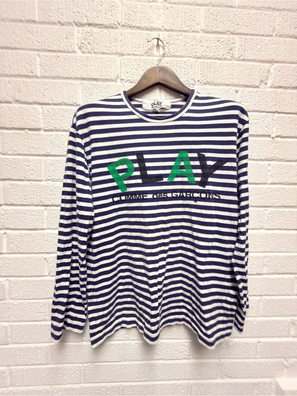 Comme des Garcons Navy and White Striped Long Sleeve PLAY Tee with Green Logo